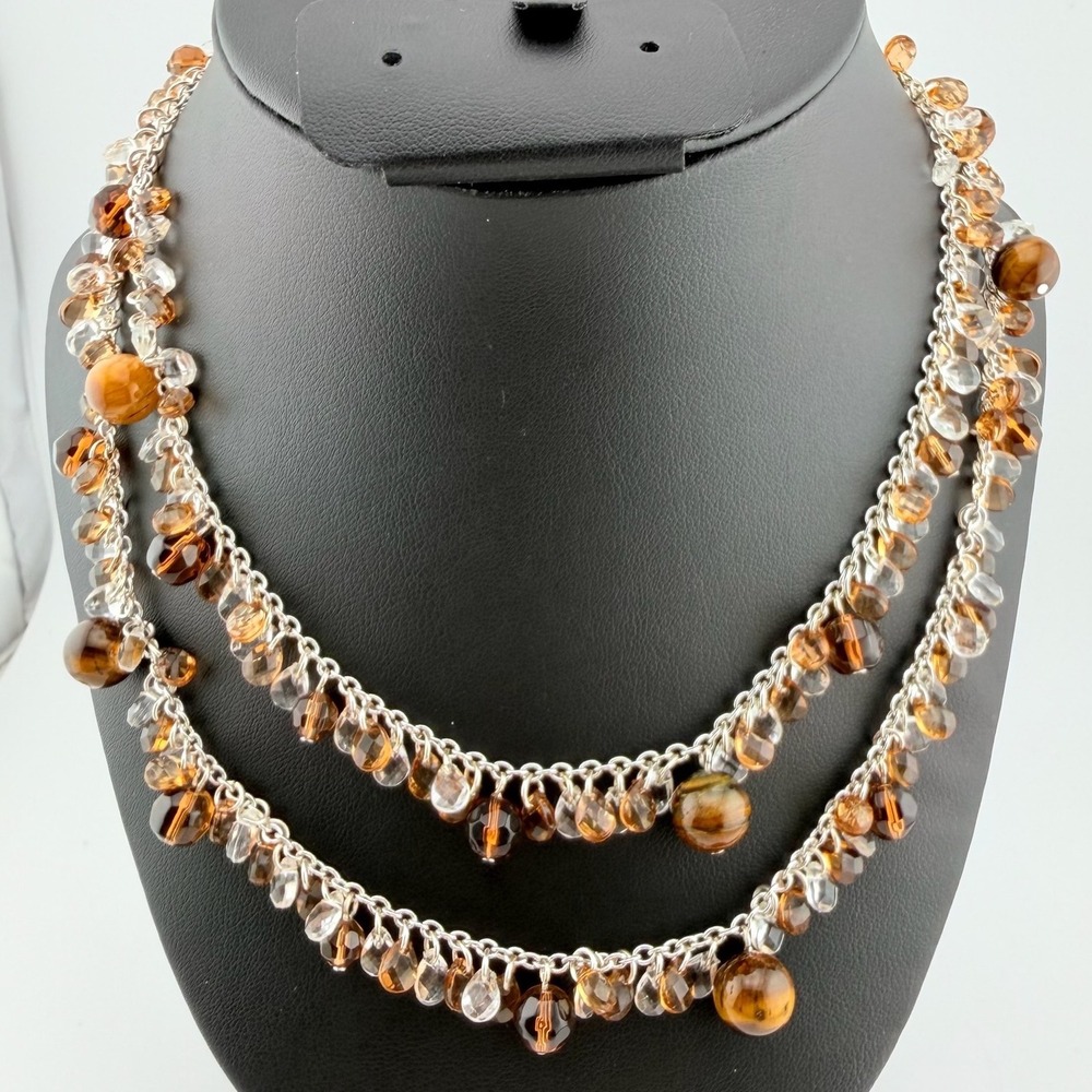VNTG Joan Rivers Women Double Strand Beaded Necklace Brown Amber Silver Tone